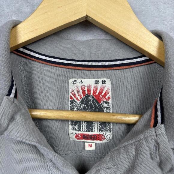 Indigo Japan Post Grey Polo Shirt size M Mt. Fuji Graphic Patch Japanese Y2K - Picture 4 of 7